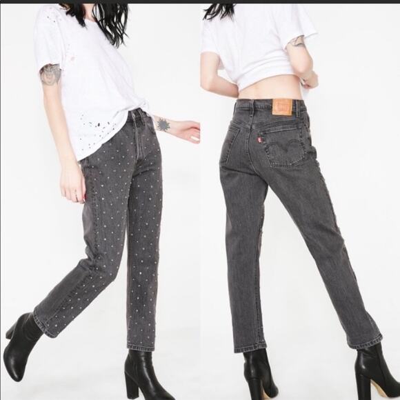 NEW LEVIS 501 Original Cropped Studded Black High Rise Straight Denim Jeans 25 - Picture 1 of 8